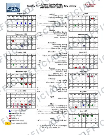 Watauga County Schools 2026-27 calendar