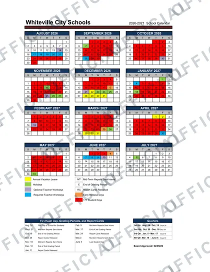 Whiteville City Schools 2026-27 calendar
