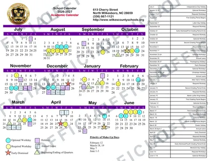 Wilkes County Schools NC School 2026-27 calendar