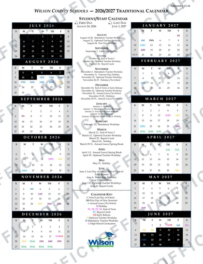 Wilson County Schools 2026-27 calendar