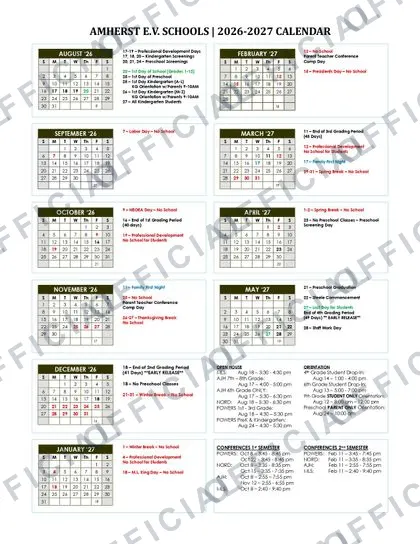 AMHERST E.V. SCHOOLS 2026-27 calendar