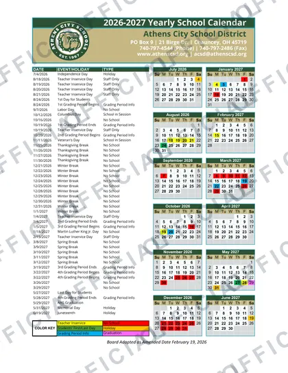 Athens City School District 2026-27 calendar