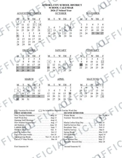 AURORA CITY SCHOOL DISTRICT 2026-27 calendar