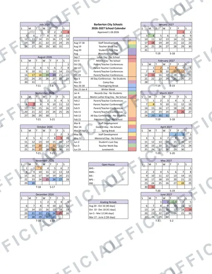 Barberton City Schools 2026-27 calendar