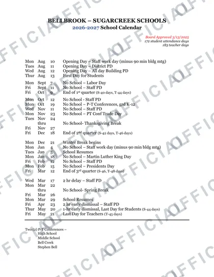 Bellbrook-Sugarcreek Schools 2026-27 calendar