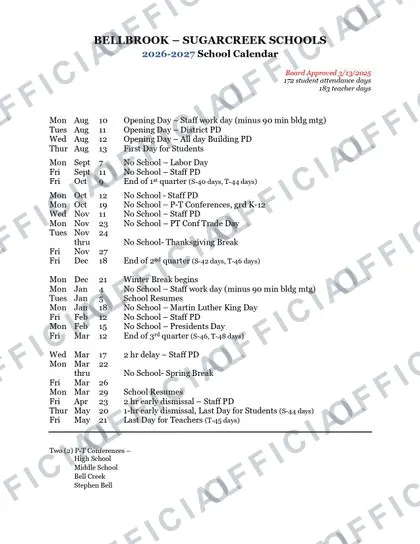 Bellbrook - Sugarcreek Schools 2026-27 calendar