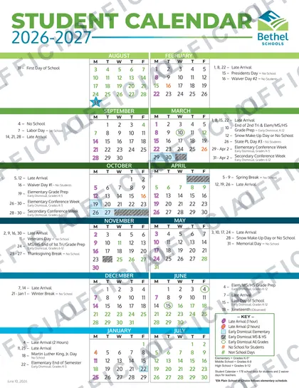Bethel Schools 2026-27 calendar