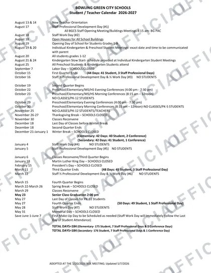 Bowling Green City Schools 2026-27 calendar