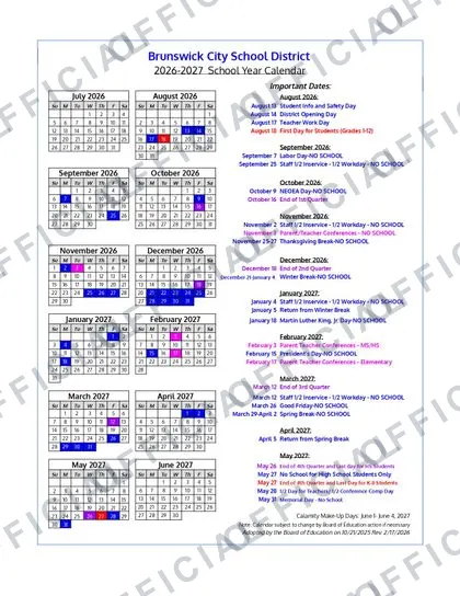 Brunswick City School District 2026-27 calendar