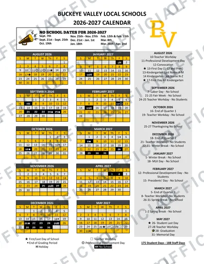 BUCKEYE VALLEY LOCAL SCHOOLS 2026-27 calendar