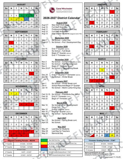 Canal Winchester Local Schools 2026-27 calendar