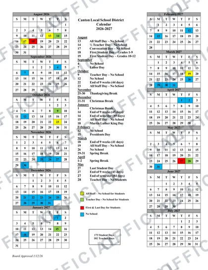 Canton Local School District 2026-27 calendar