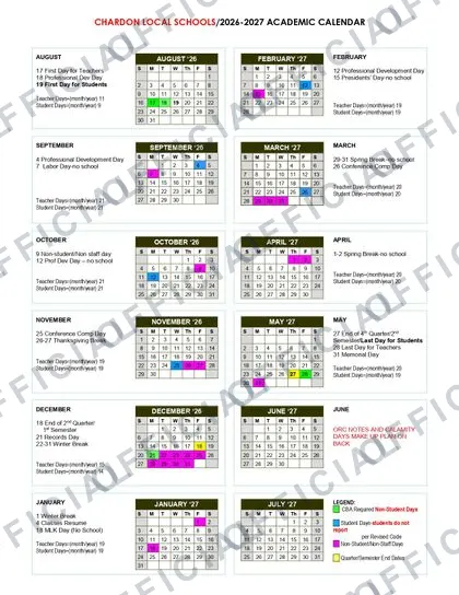 Chardon Local Schools 2026-27 calendar