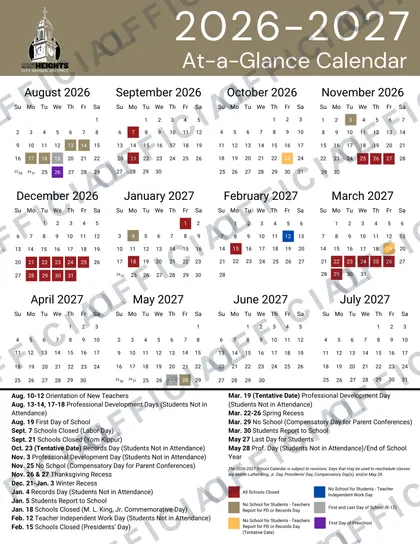 Cleveland Heights City School CHUH 2026-27 calendar