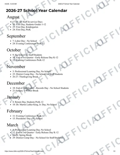 Cuyahoga Falls City School District 2026-27 calendar
