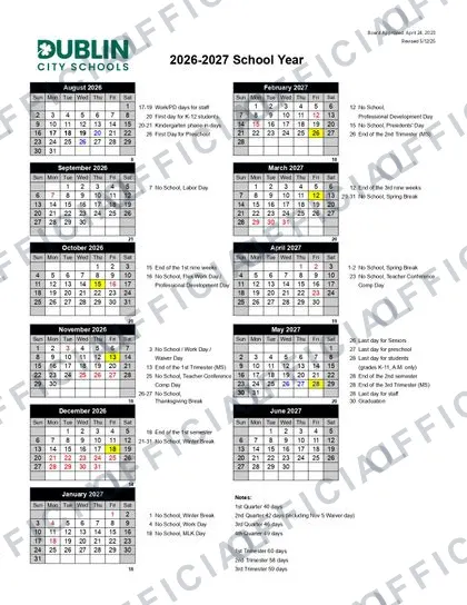 Dublin City Schools 2026-27 calendar