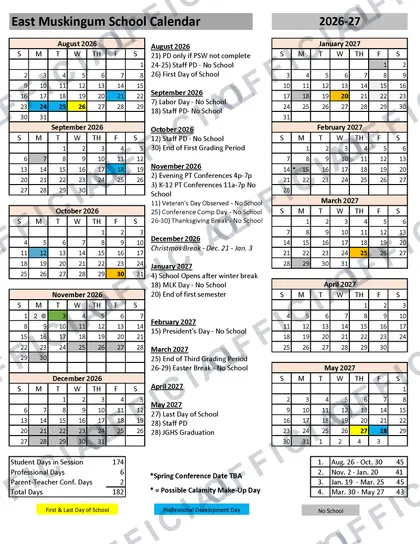 East Muskingum School 2026-27 calendar