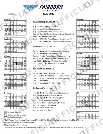 Fairborn City Schools 2026-27 calendar