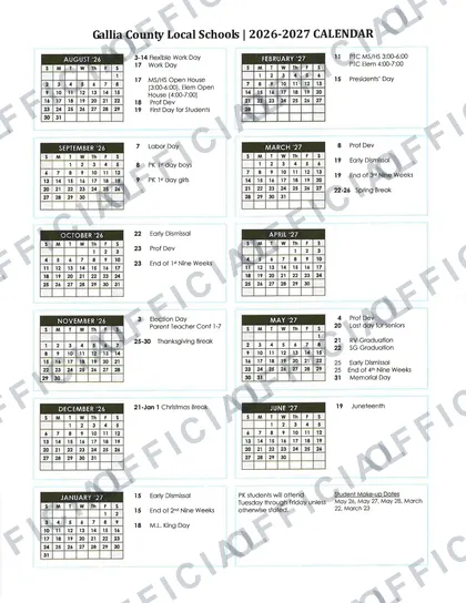Gallia County Local Schools 2026-27 calendar