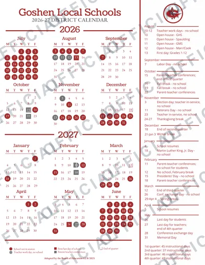 Goshen Local Schools 2026-27 calendar