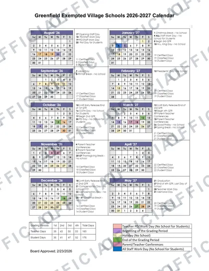 Greenfield Exempted Village Schools 2026-27 calendar