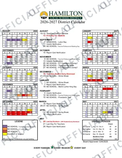 Hamilton Local School District 2026-27 calendar