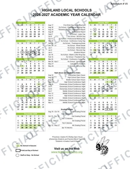 HIGHLAND LOCAL SCHOOLS 2026-27 calendar