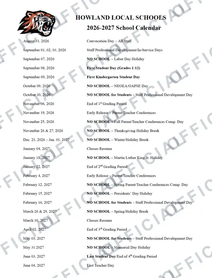 Howland Local Schools 2026-27 calendar