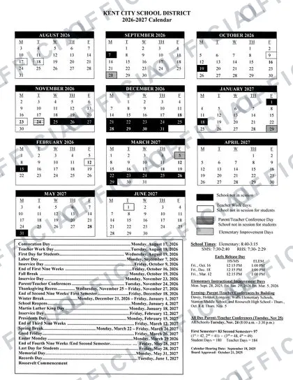 KENT CITY SCHOOL DISTRICT 2026-27 calendar