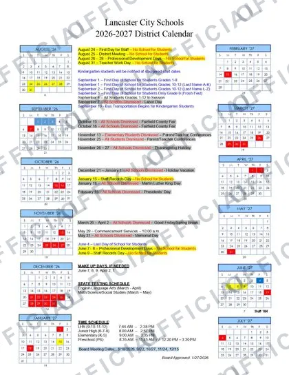 Lancaster City Schools 2026-27 calendar