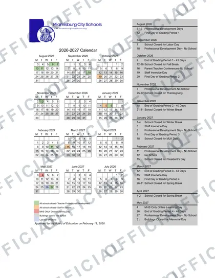 Miamisburg City Schools 2026-27 calendar