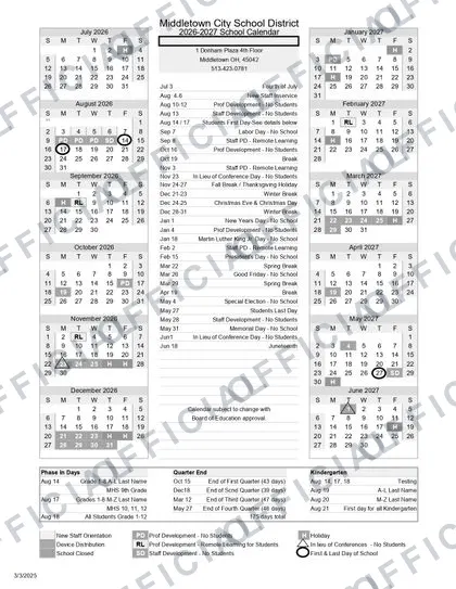 Middletown City School District 2026-27 calendar