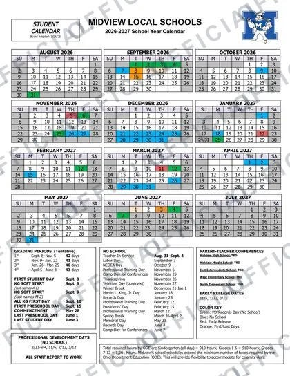 Midview Local Schools Calendarrevised 2026-27 calendar