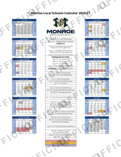 Monroe Local Schools 2026-27 calendar