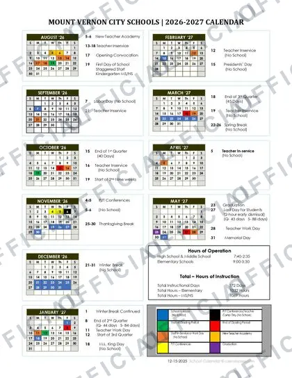 Mount Vernon City OH Schools Calendarrevised 2026-27 calendar