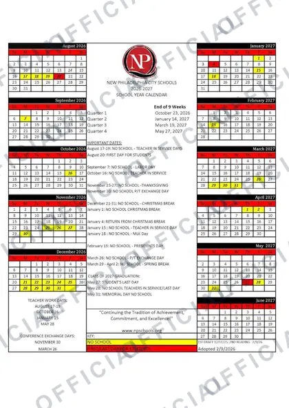 NEW PHILADELPHIA CITY SCHOOLS 2026-27 calendar
