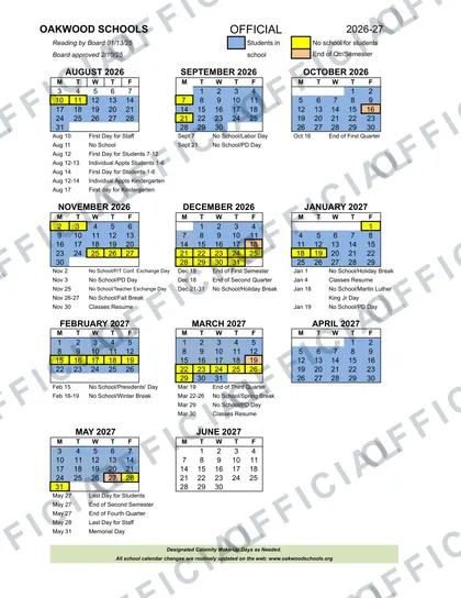 OAKWOOD SCHOOLS 2026-27 calendar