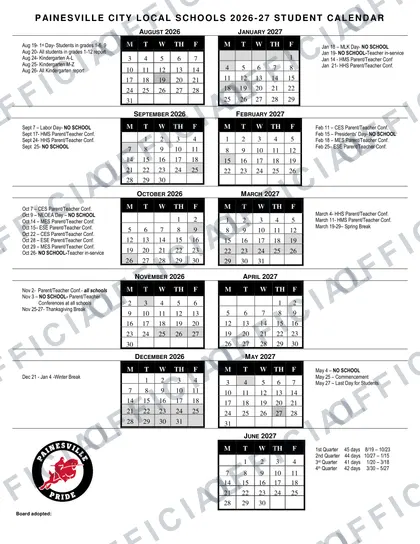 Painesville City Local Schools 2026-27 calendar