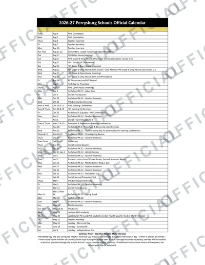 Perrysburg Schools 2026-27 calendar