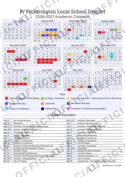 Pickerington Local School District 2026-27 calendar