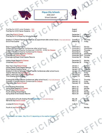 Piqua City Schools 2026-27 calendar