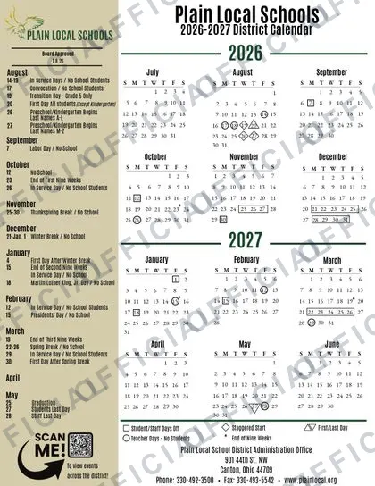 Plain Local Schools 2026-27 calendar