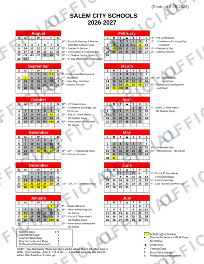 SALEM CITY SCHOOLS 2026-27 calendar