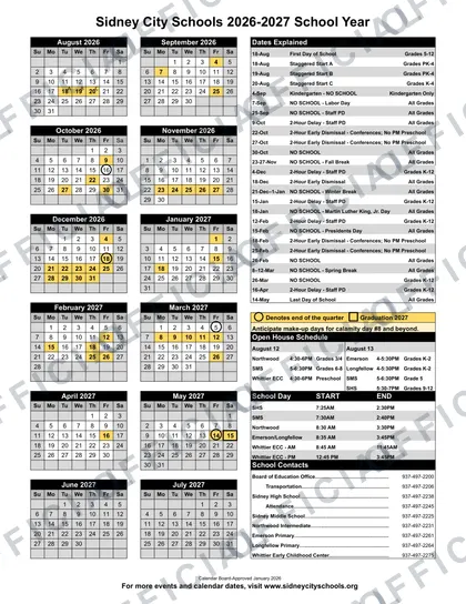 Sidney City Schools 2026-27 calendar