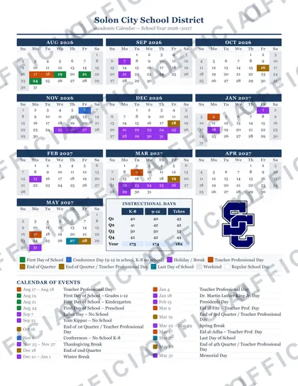 Solon City School District 2026-27 calendar