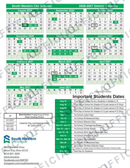 South Western City Schools 2026-27 calendar