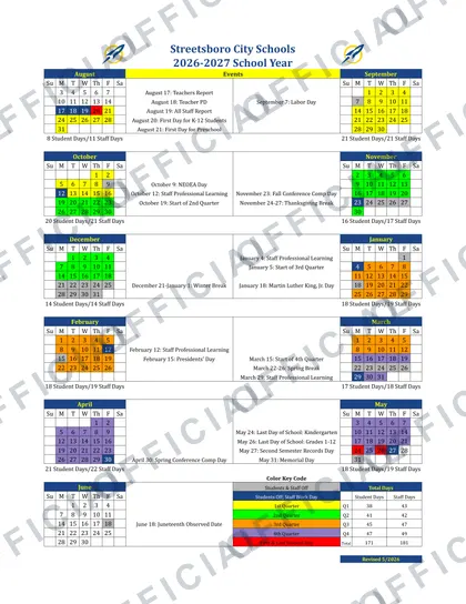 Streetsboro City Schools 2026-27 calendar