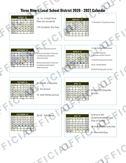 Three Rivers Local School District 2026-27 calendar