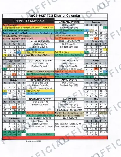 TIFFIN CITY SCHOOLS 2026-27 calendar