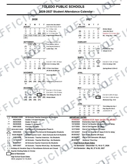 TOLEDO PUBLIC SCHOOLS 2026-27 calendar